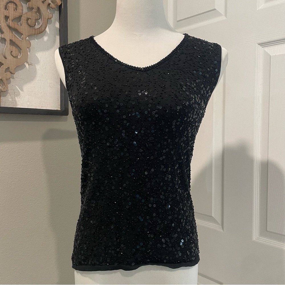 Talbots Womens Sequin Silk Blouse S Black Sleeveless V Neck Vintage Beaded Top